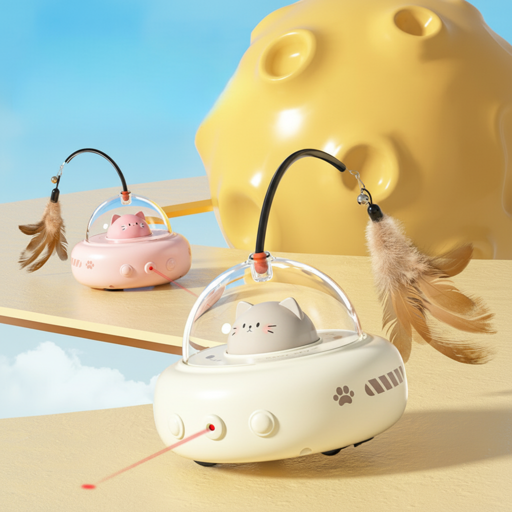 Automatic Laser Chase UFO Cat Toy with Interactive Feather Teaser