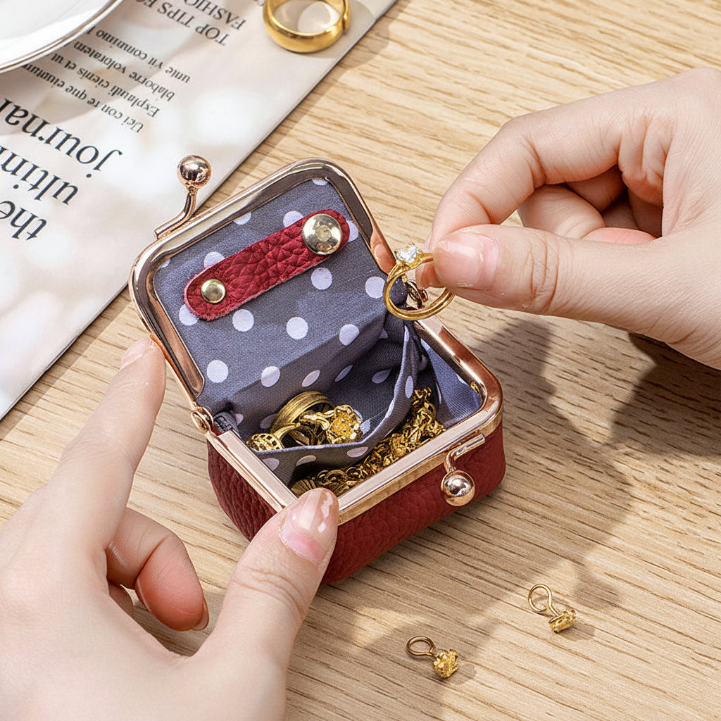 Genuine Leather Mini Jewelry Box with Gold Clasp – Travel-Friendly Organizer