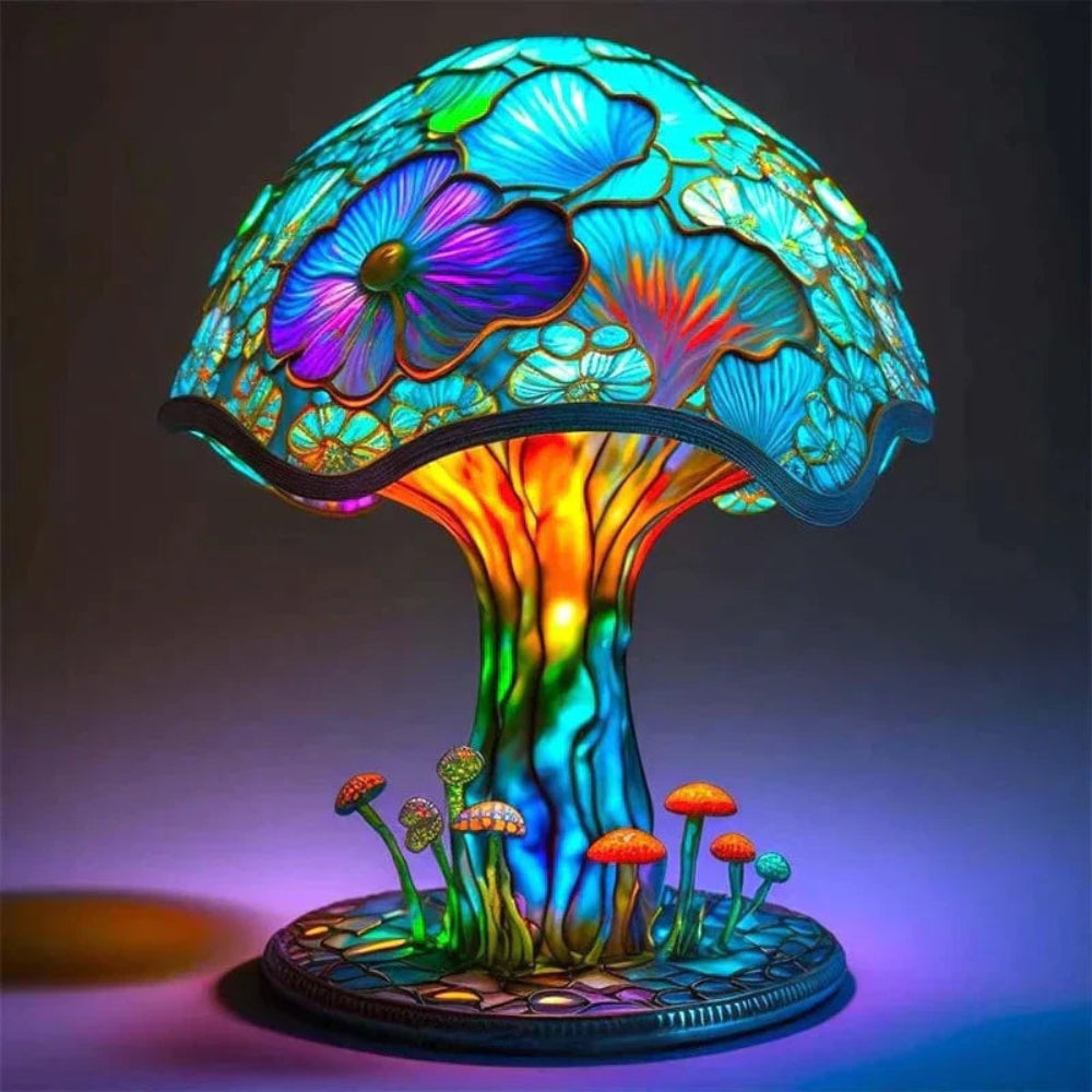 Glass Mushroom-Style Table Lamp with LED Ambient Lighting and Resin Accent Design