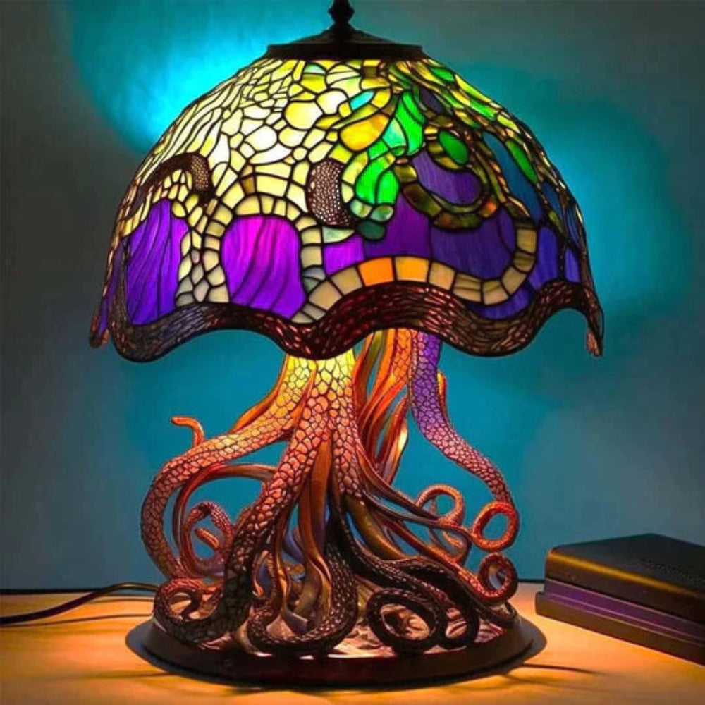 Glass Mushroom-Style Table Lamp with LED Ambient Lighting and Resin Accent Design