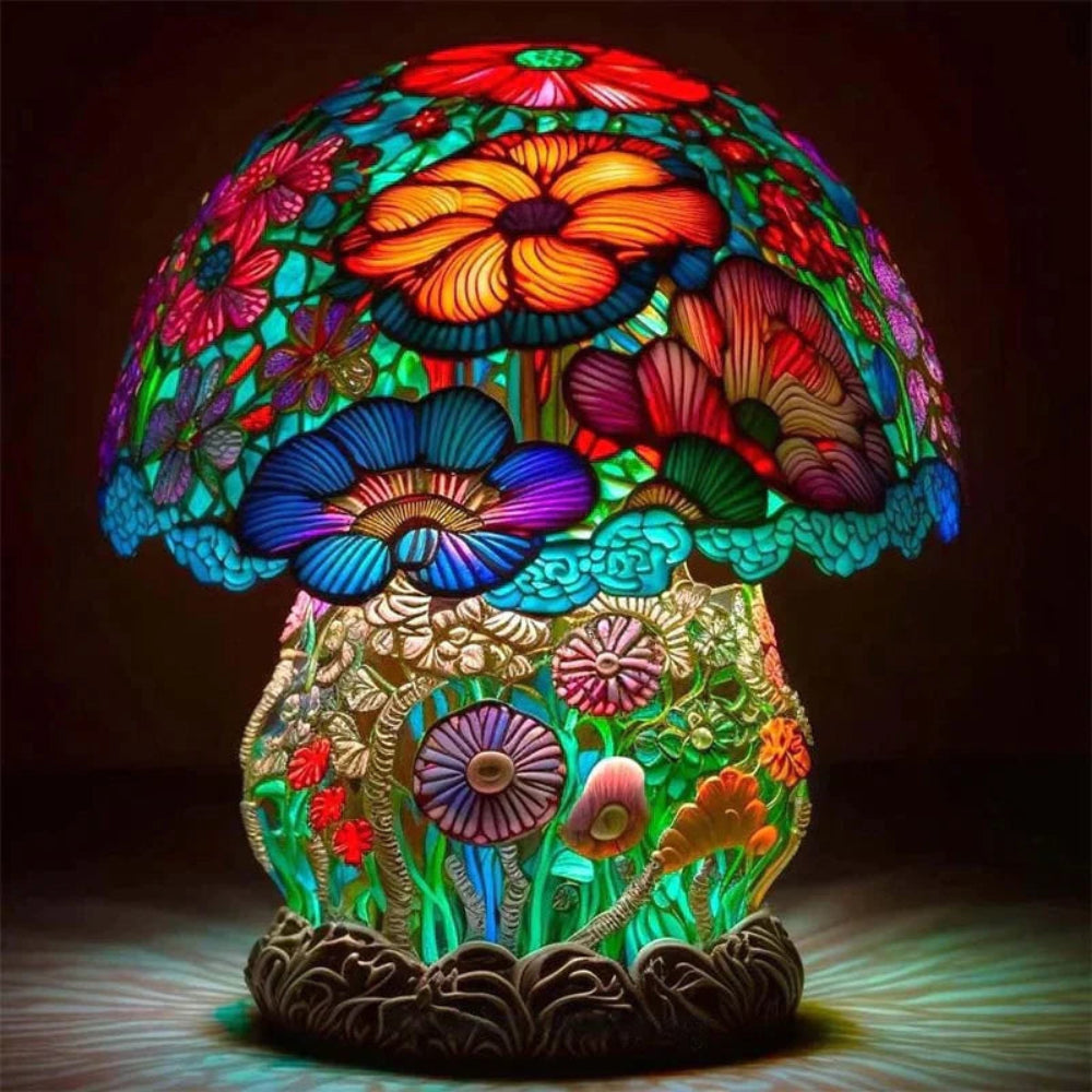 Glass Mushroom-Style Table Lamp with LED Ambient Lighting and Resin Accent Design