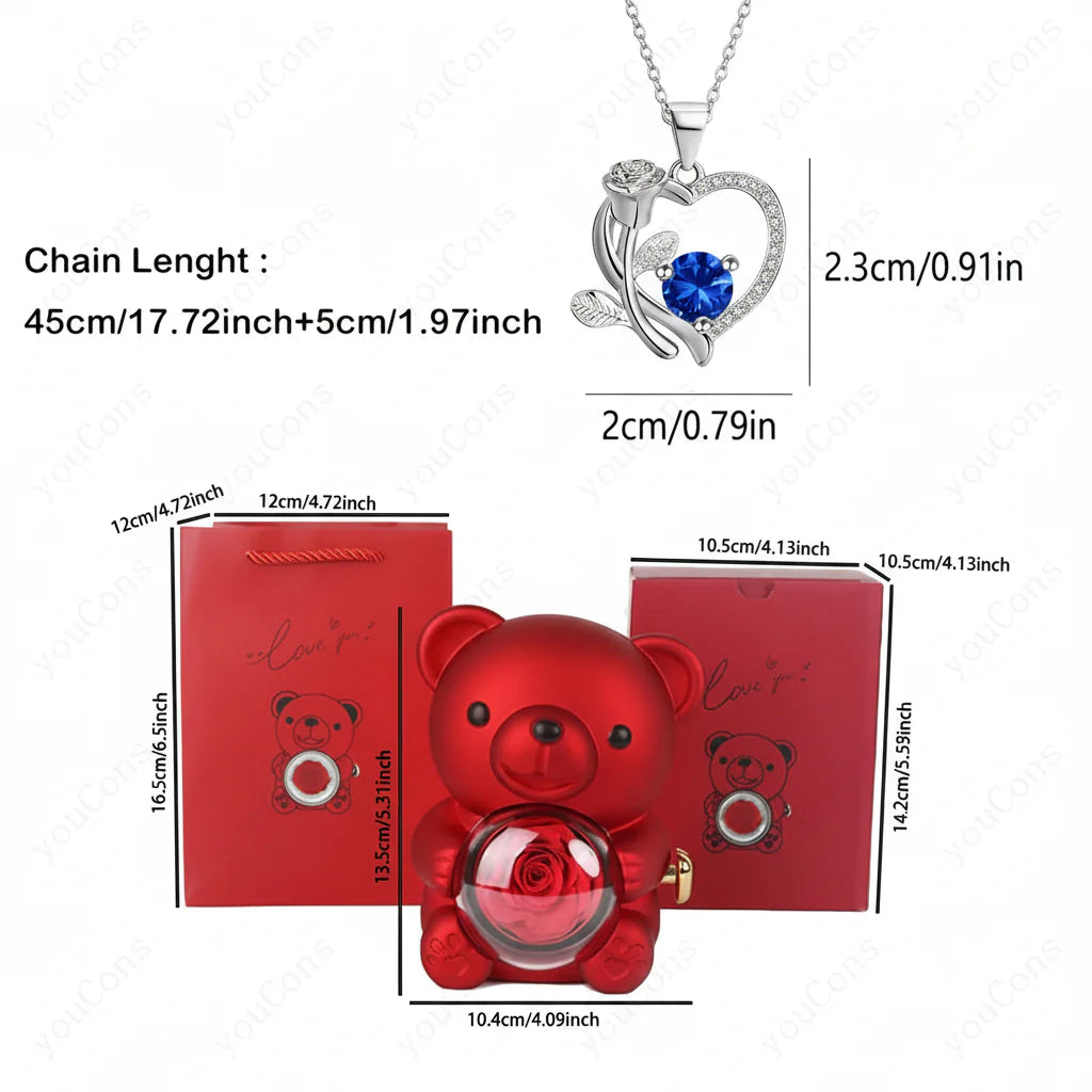 Heart Pendant Necklace with Zircon, Bear and Rose – Gift Box for Women