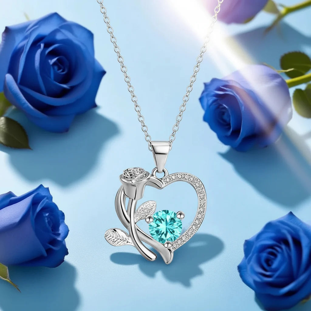 Heart Pendant Necklace with Zircon, Bear and Rose – Gift Box for Women