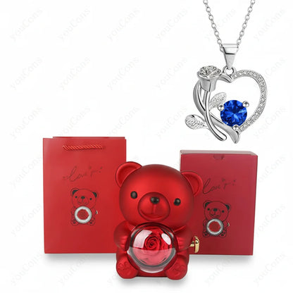 Heart Pendant Necklace with Zircon, Bear and Rose – Gift Box for Women