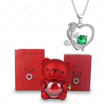 Heart Pendant Necklace with Zircon, Bear and Rose – Gift Box for Women