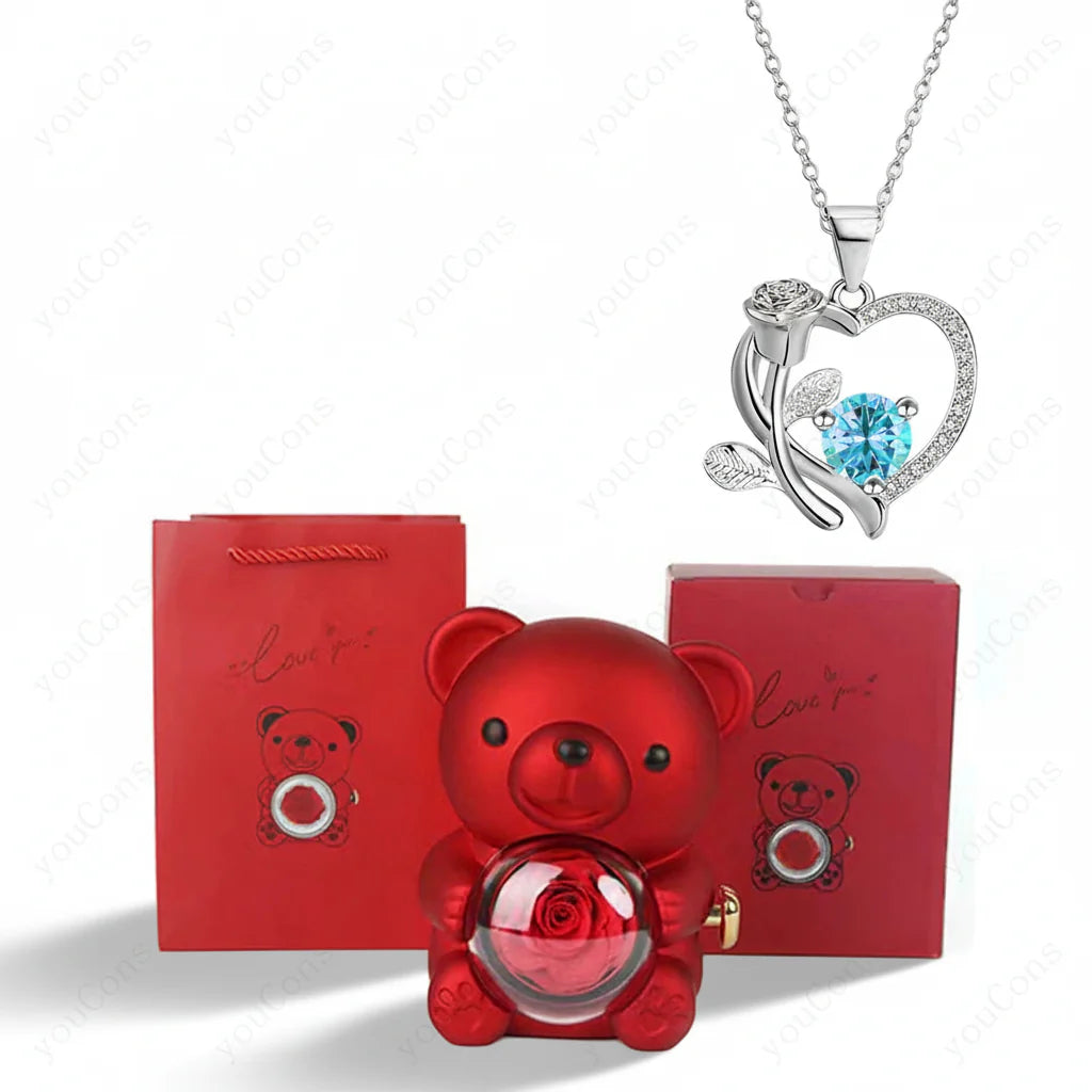 Heart Pendant Necklace with Zircon, Bear and Rose – Gift Box for Women