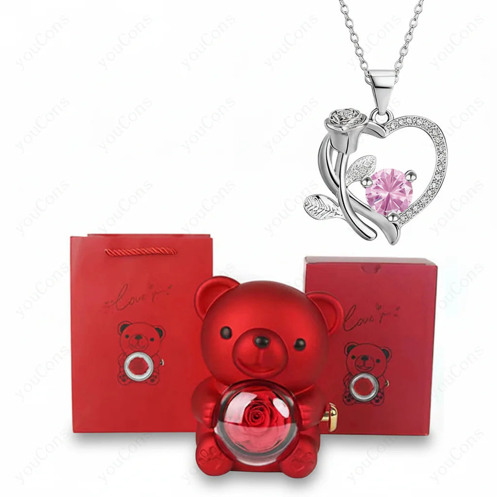 Heart Pendant Necklace with Zircon, Bear and Rose – Gift Box for Women