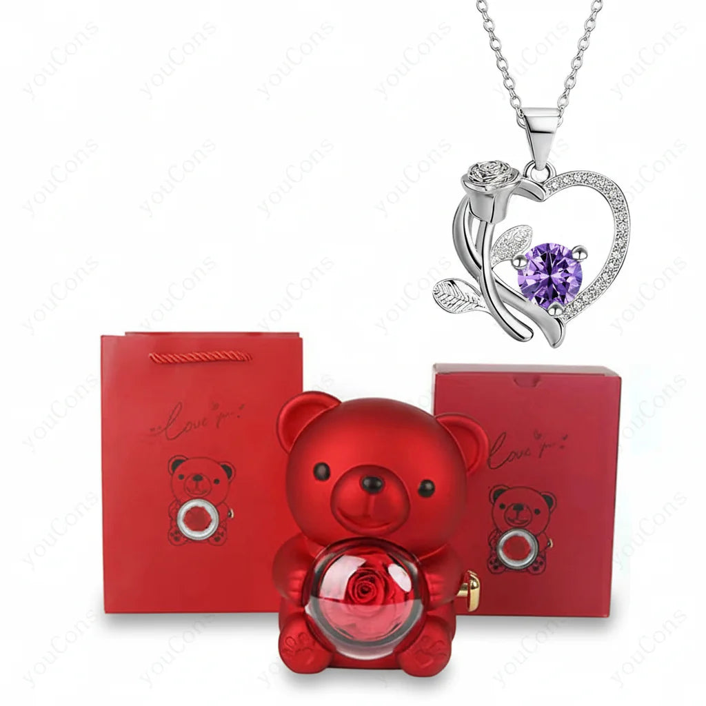 Heart Pendant Necklace with Zircon, Bear and Rose – Gift Box for Women
