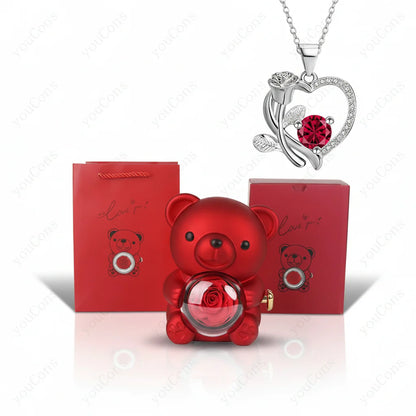 Heart Pendant Necklace with Zircon, Bear and Rose – Gift Box for Women