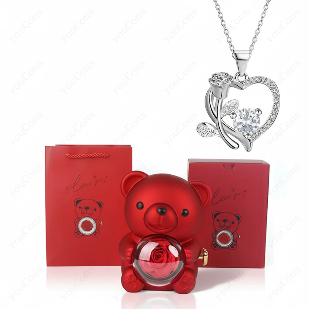 Heart Pendant Necklace with Zircon, Bear and Rose – Gift Box for Women