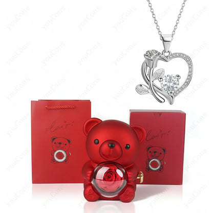 Heart Pendant Necklace with Zircon, Bear and Rose – Gift Box for Women