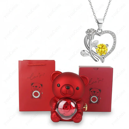 Heart Pendant Necklace with Zircon, Bear and Rose – Gift Box for Women