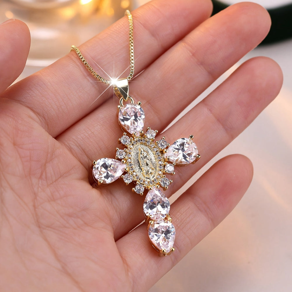 Gold Cross Pendant Necklace with Cubic Zirconia - Perfect Mother's Day Gift