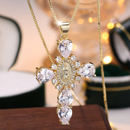 Gold Cross Pendant Necklace with Cubic Zirconia - Perfect Mother's Day Gift