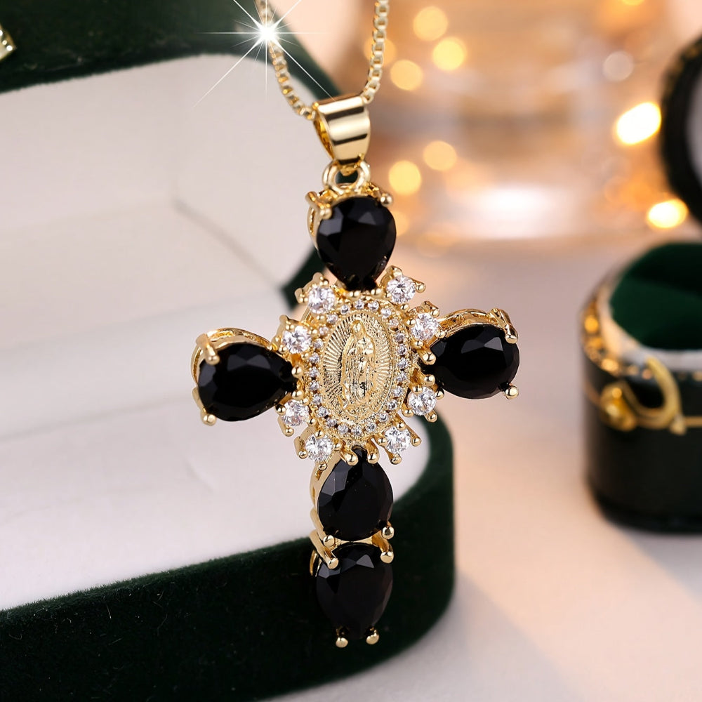 Gold Cross Pendant Necklace with Zircon Crystals – Beautiful Mother's Day Jewelry Gift