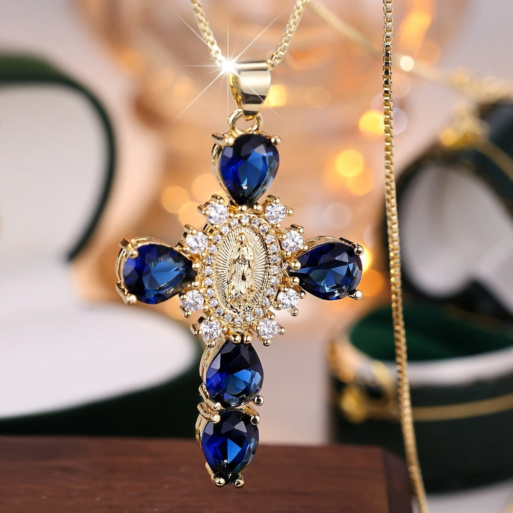 Gold Cross Pendant Necklace with Cubic Zirconia - Perfect Mother's Day Gift