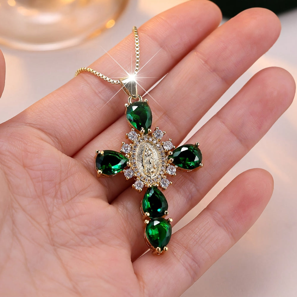 Gold Cross Pendant Necklace with Zircon Crystals – Beautiful Mother's Day Jewelry Gift