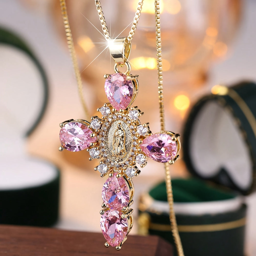 Gold Cross Pendant Necklace with Zircon Crystals – Beautiful Mother's Day Jewelry Gift