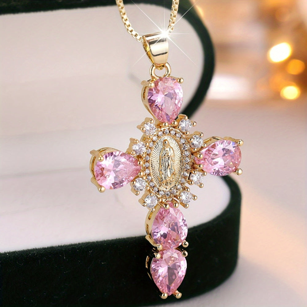 Gold Cross Pendant Necklace with Cubic Zirconia - Perfect Mother's Day Gift