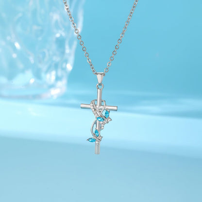 Cross Pendant Necklace with Silver Bow and Blue Gem – Elegant Mother’s Day Jewelry Gift