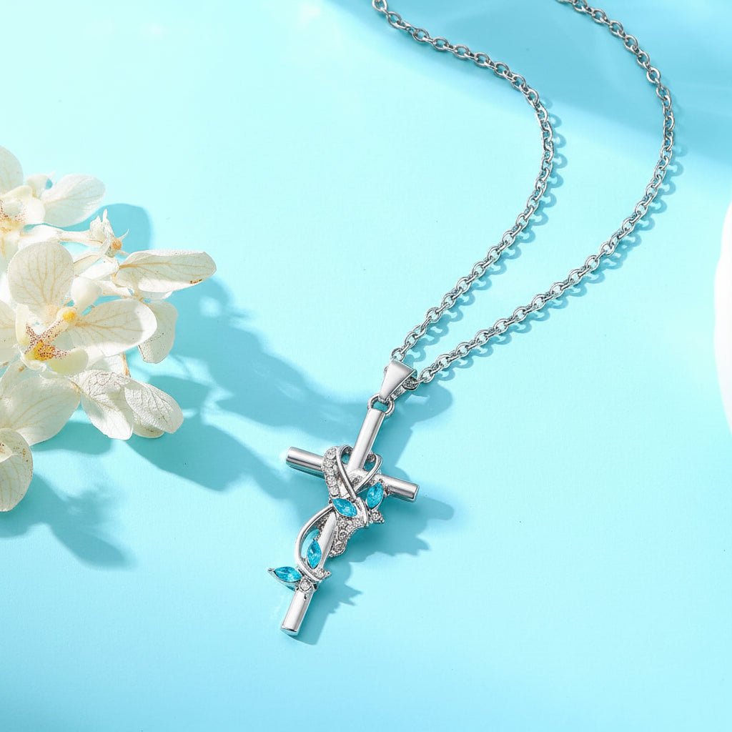 Cross Pendant Necklace with Silver Bow and Blue Gem – Elegant Mother’s Day Jewelry Gift