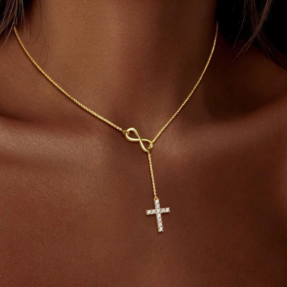 Gold Infinity Cross Necklace with Y-Shaped Pendant — Perfect Mother's Day Gift