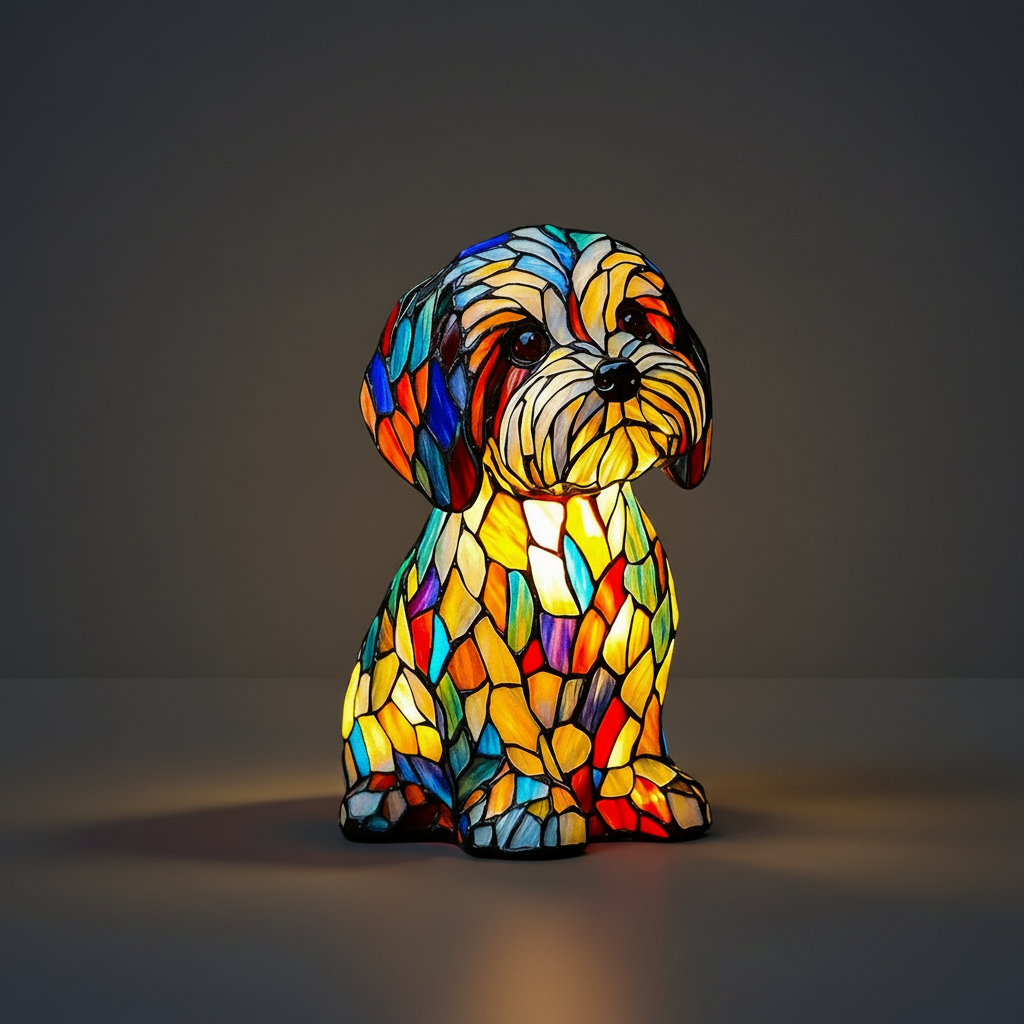 Dog Figurine LED Table Lamp with Stained Glass Night Light — Cozy Bedroom Decor