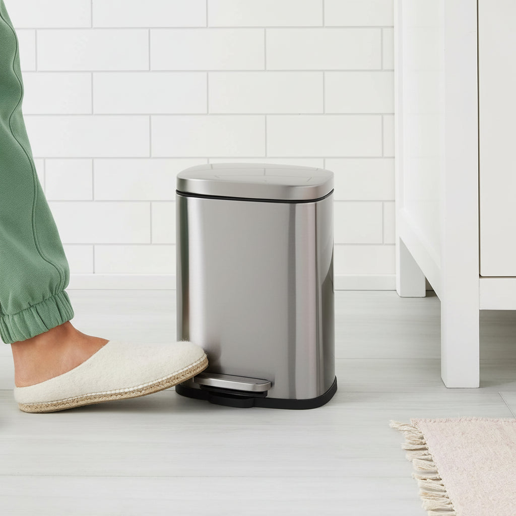 Compact Stainless Steel Trash Can for Small Bathrooms with Soft-Close Pedal