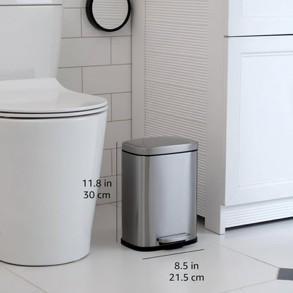 Compact Stainless Steel Trash Can for Small Bathrooms with Soft-Close Pedal