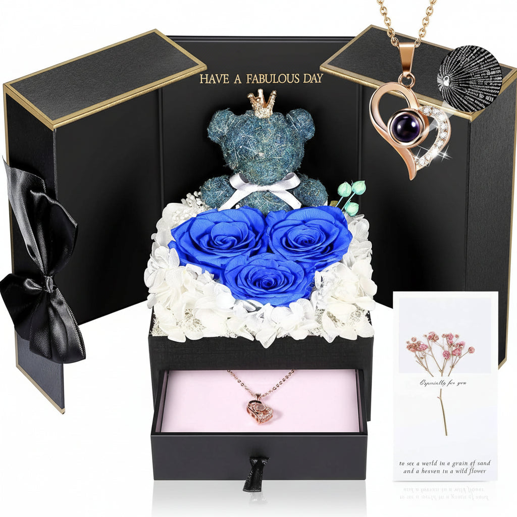 Gift Box with a Preserved Rose, Heart Bear, and Hidden Necklace