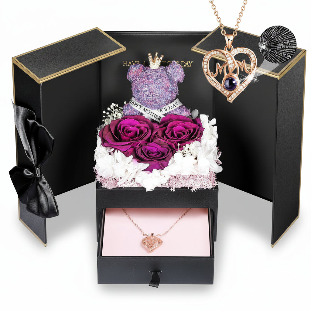 Gift Box with a Preserved Rose, Heart Bear, and Hidden Necklace
