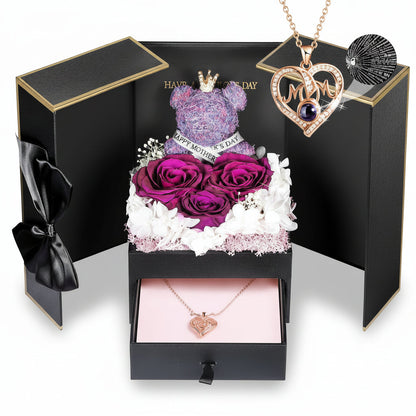 Gift Box with a Preserved Rose, Heart Bear, and Hidden Necklace