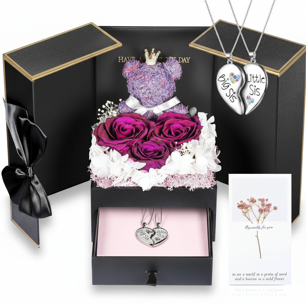 Gift Box with a Preserved Rose, Heart Bear, and Hidden Necklace