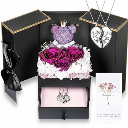 Gift Box with a Preserved Rose, Heart Bear, and Hidden Necklace