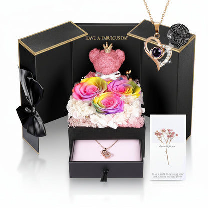 Gift Box with a Preserved Rose, Heart Bear, and Hidden Necklace