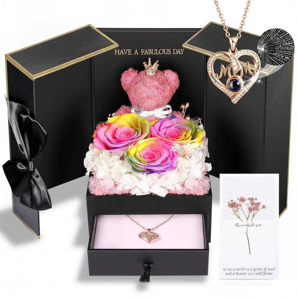 Gift Box with a Preserved Rose, Heart Bear, and Hidden Necklace