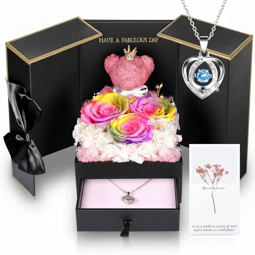 Gift Box with a Preserved Rose, Heart Bear, and Hidden Necklace