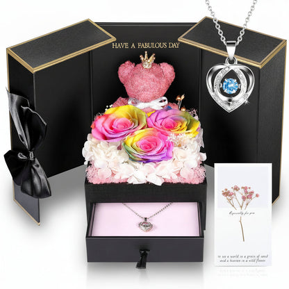 Gift Box with a Preserved Rose, Heart Bear, and Hidden Necklace