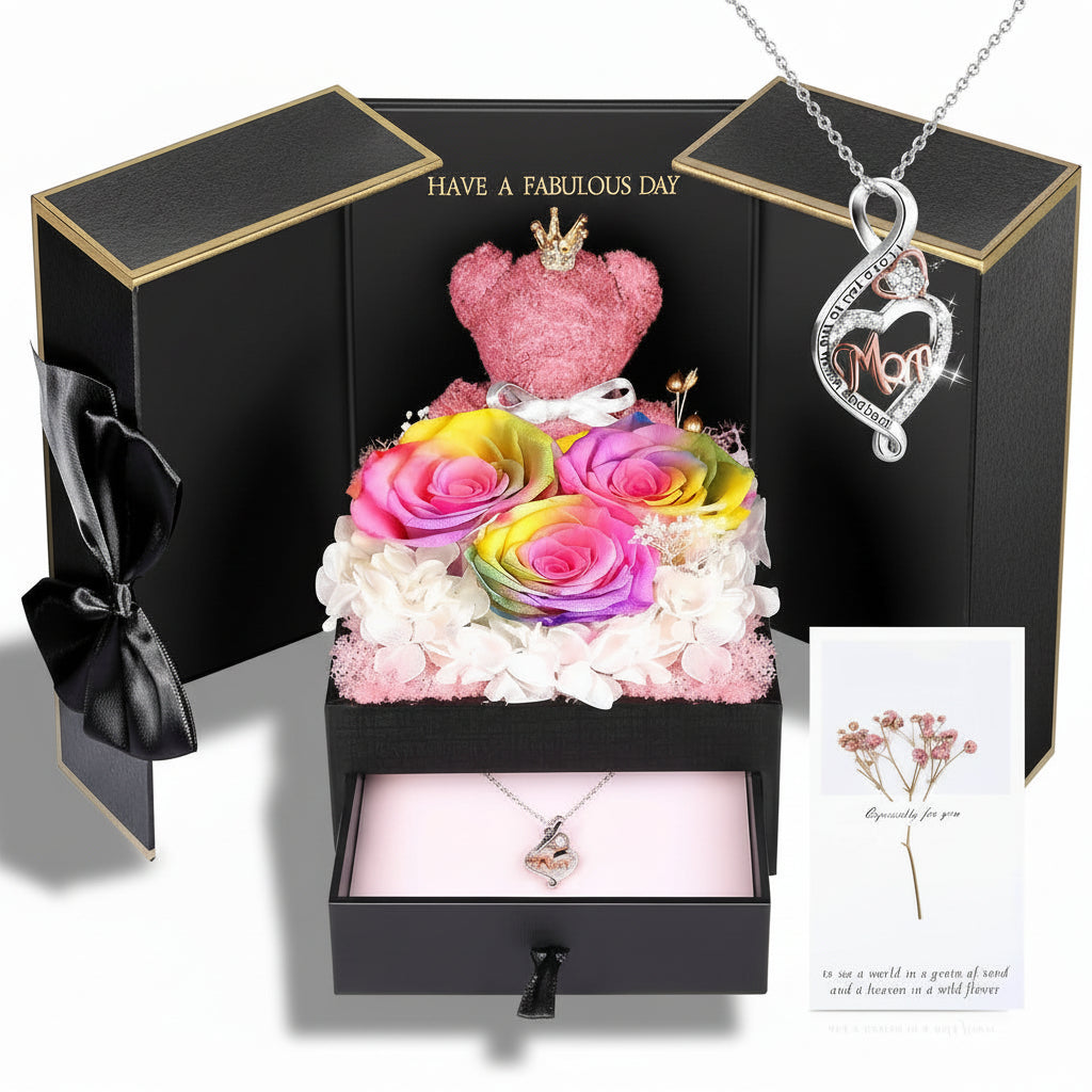 Gift Box with a Preserved Rose, Heart Bear, and Hidden Necklace
