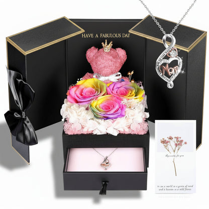 Gift Box with a Preserved Rose, Heart Bear, and Hidden Necklace
