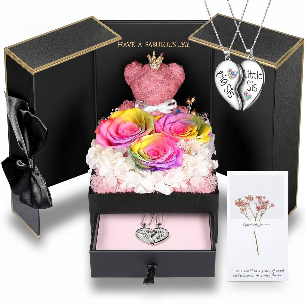 Gift Box with a Preserved Rose, Heart Bear, and Hidden Necklace