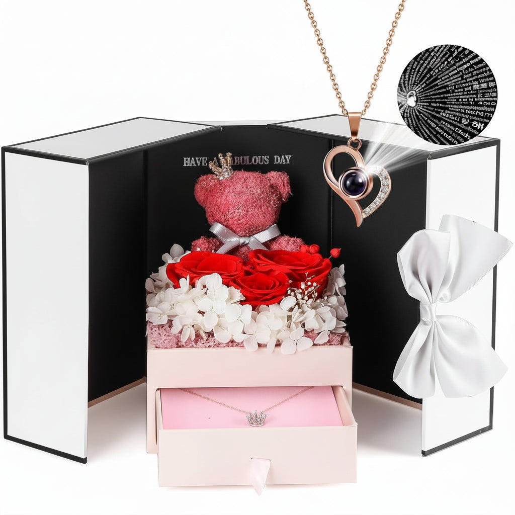 Gift Box with a Preserved Rose, Heart Bear, and Hidden Necklace