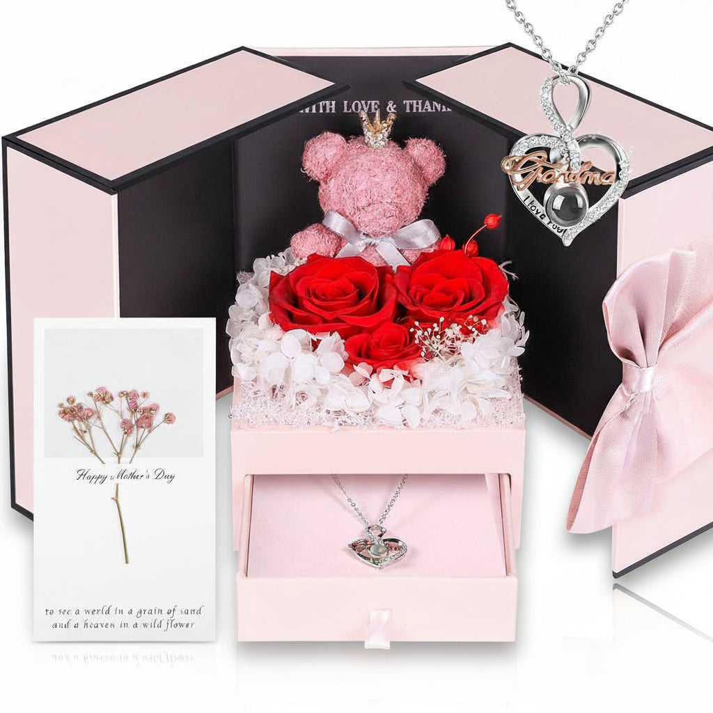Gift Box with a Preserved Rose, Heart Bear, and Hidden Necklace