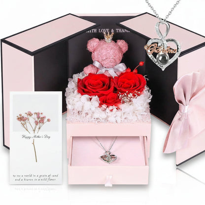 Gift Box with a Preserved Rose, Heart Bear, and Hidden Necklace
