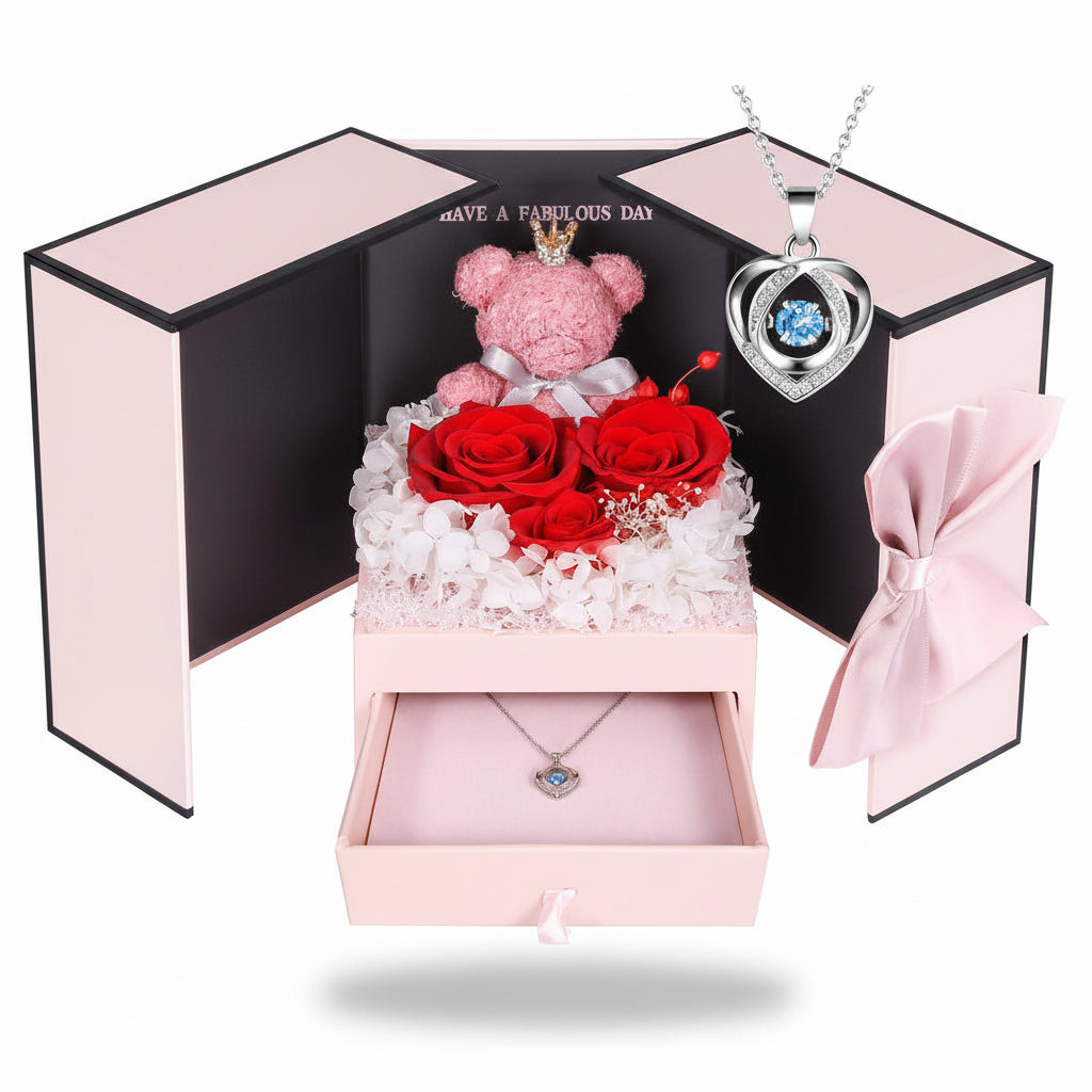 Gift Box with a Preserved Rose, Heart Bear, and Hidden Necklace