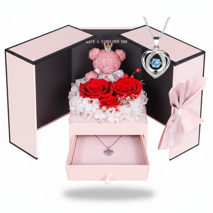 Gift Box with a Preserved Rose, Heart Bear, and Hidden Necklace