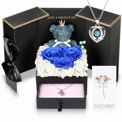 Gift Box with a Preserved Rose, Heart Bear, and Hidden Necklace