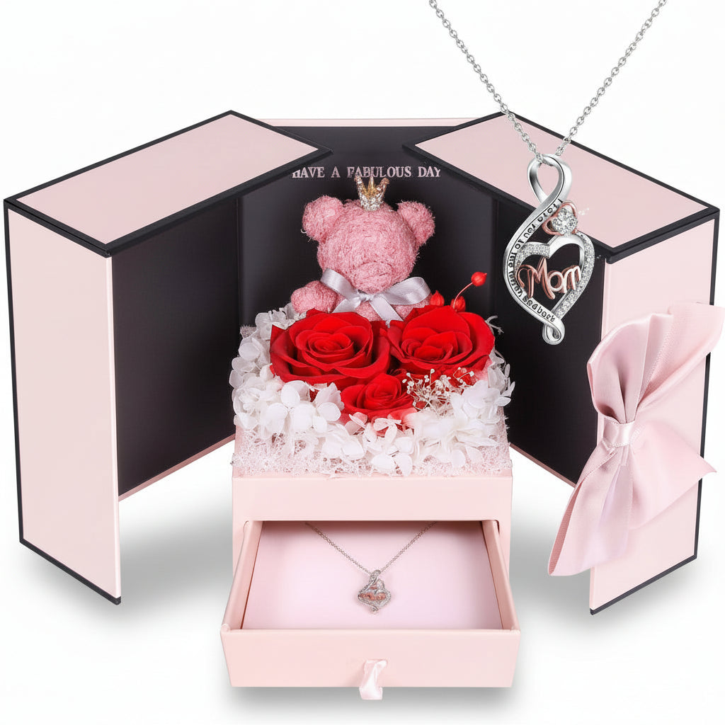 Gift Box with a Preserved Rose, Heart Bear, and Hidden Necklace