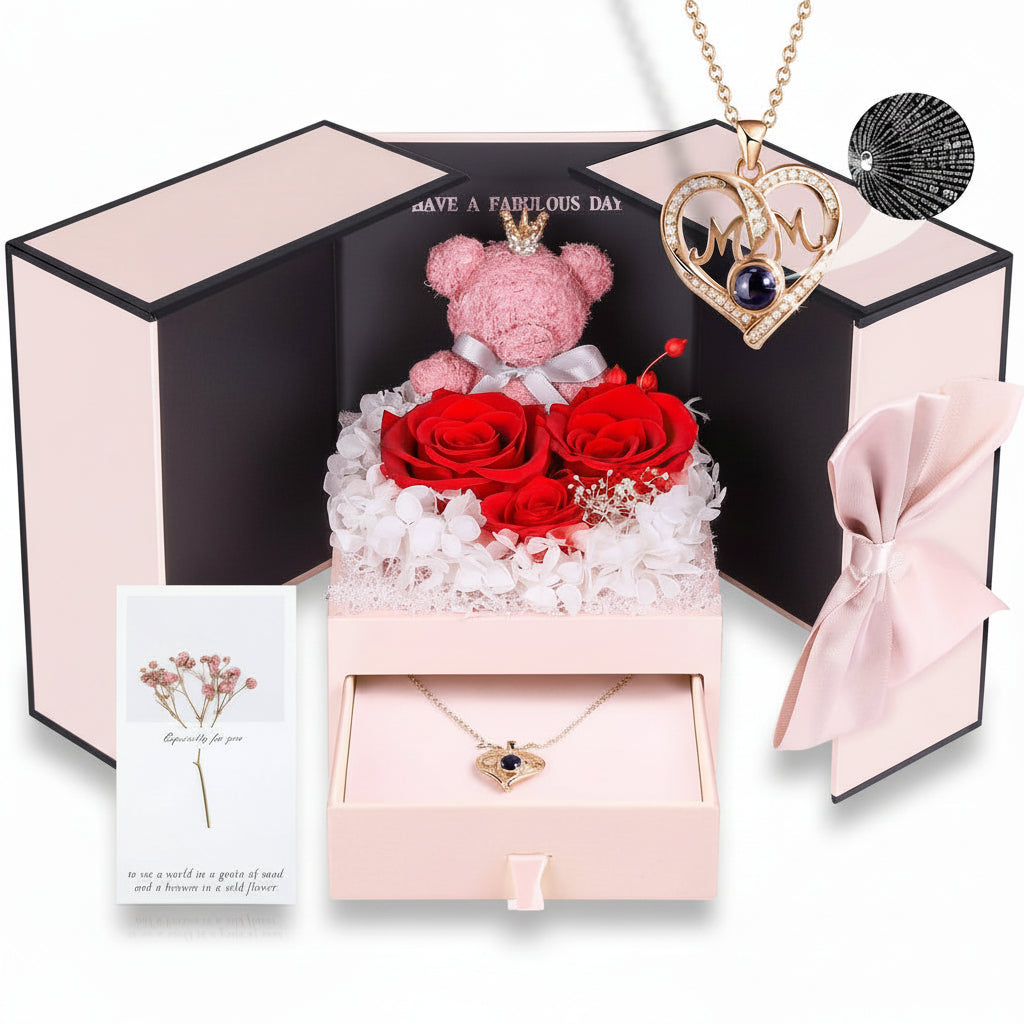 Gift Box with a Preserved Rose, Heart Bear, and Hidden Necklace