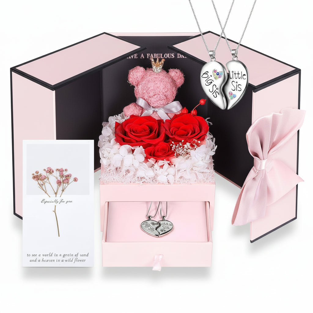 Gift Box with a Preserved Rose, Heart Bear, and Hidden Necklace